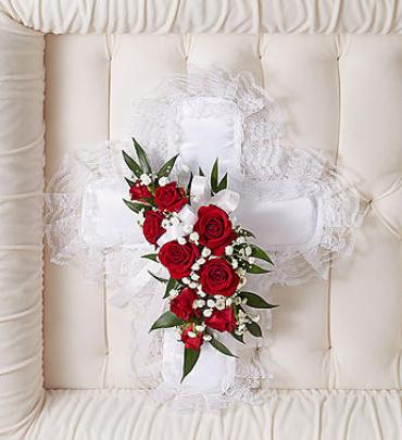Red & White Satin Cross Casket Pillow