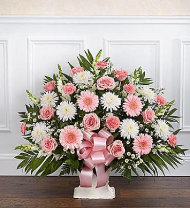 Heartfelt Tribute Floor Basket Arrangement - Pink & White