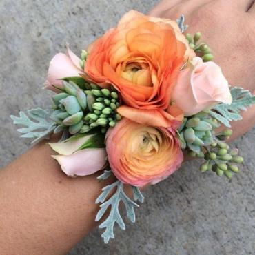 Peach Ranunculus and Succulents Corsage