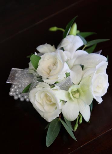 White Orchid and Rose Pearl Wristle Corsage