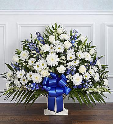 Heartfelt Tribute Floor Basket Arrangement - Blue & White