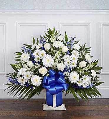 Heartfelt Tribute Floor Basket Arrangement - Blue & White